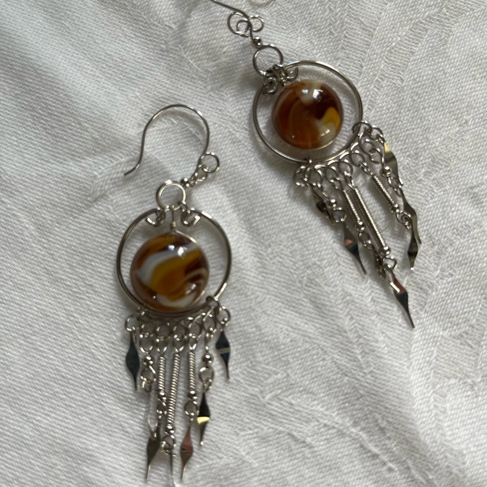 Handcrafted Sterling Silver Faux Tigers Eye Dangle Earrings New/ Never Worn